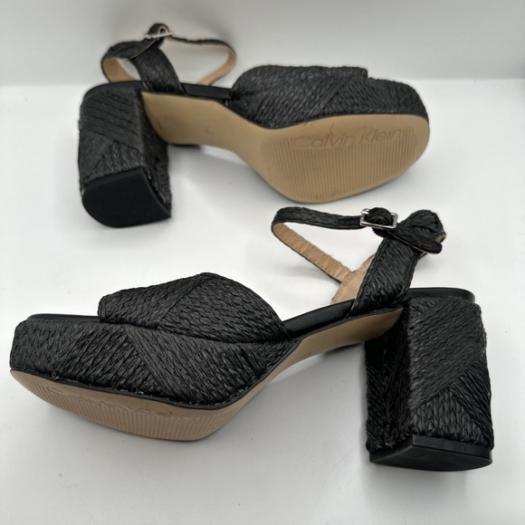 NEW Calvin Klein Lessia Ankle Strap Block Platform Heel Raffia Woven Sz 7 1/2 - Picture 6 of 10